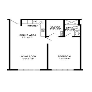 residential living 1 bed 1 bath building D&E - floor plan holmstad